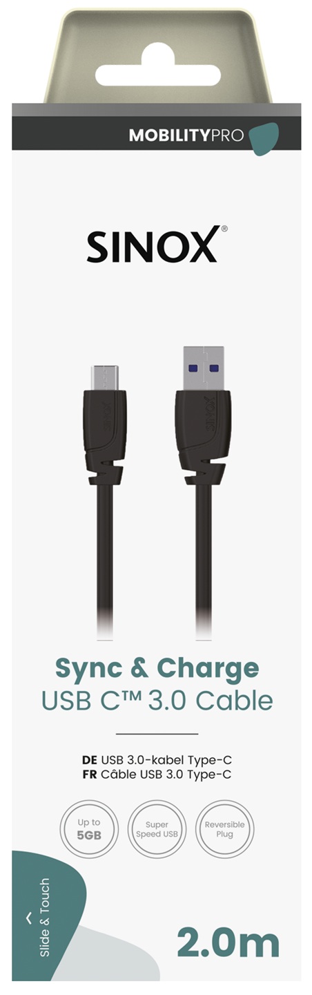 MOBILITY PRO - Aansluitkabel USB C (v3.0) - USB A  2 mtr. [zwart]