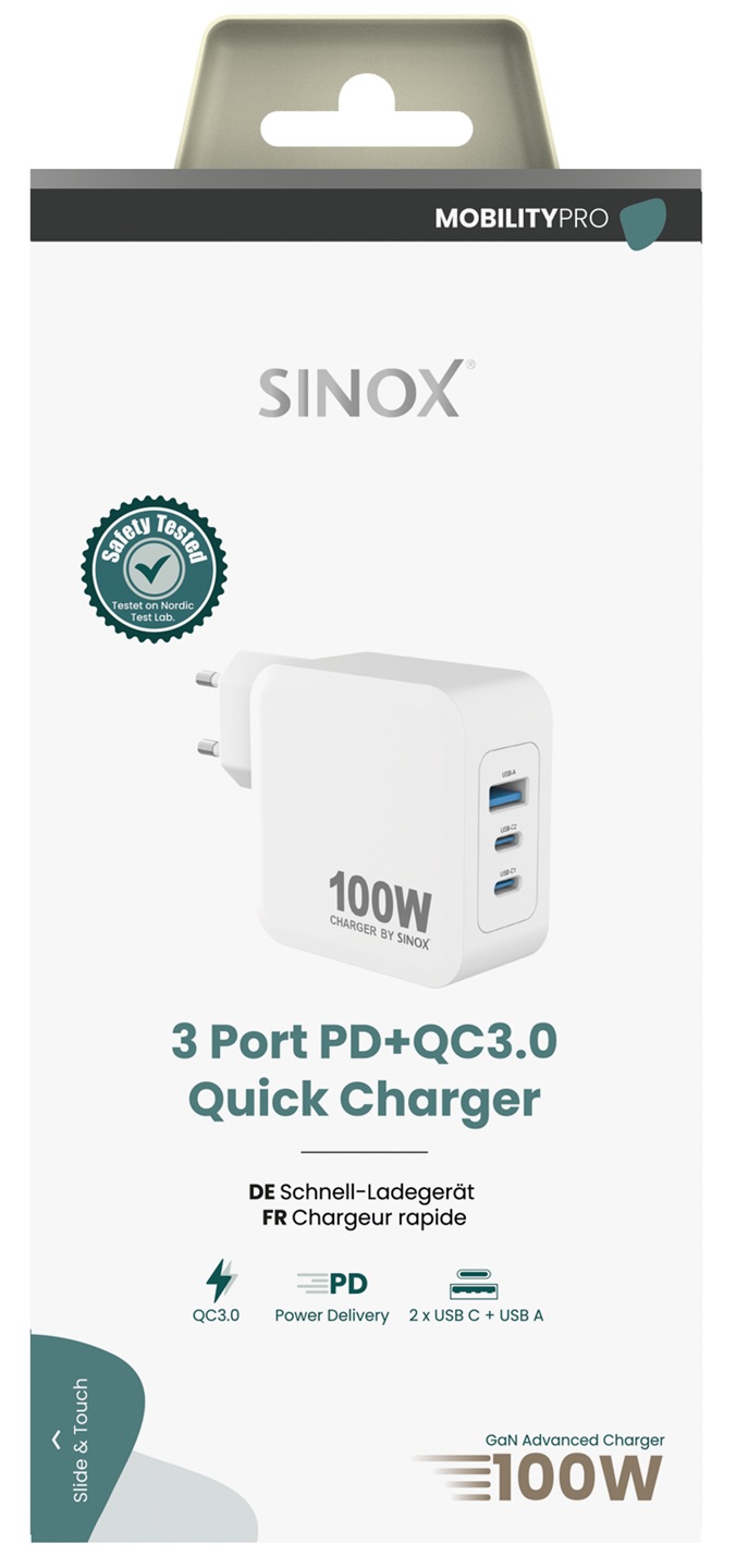MOBILITY POWER - Lichtnetadapter 2xUSB-C 1xUSB-A PD100W, White