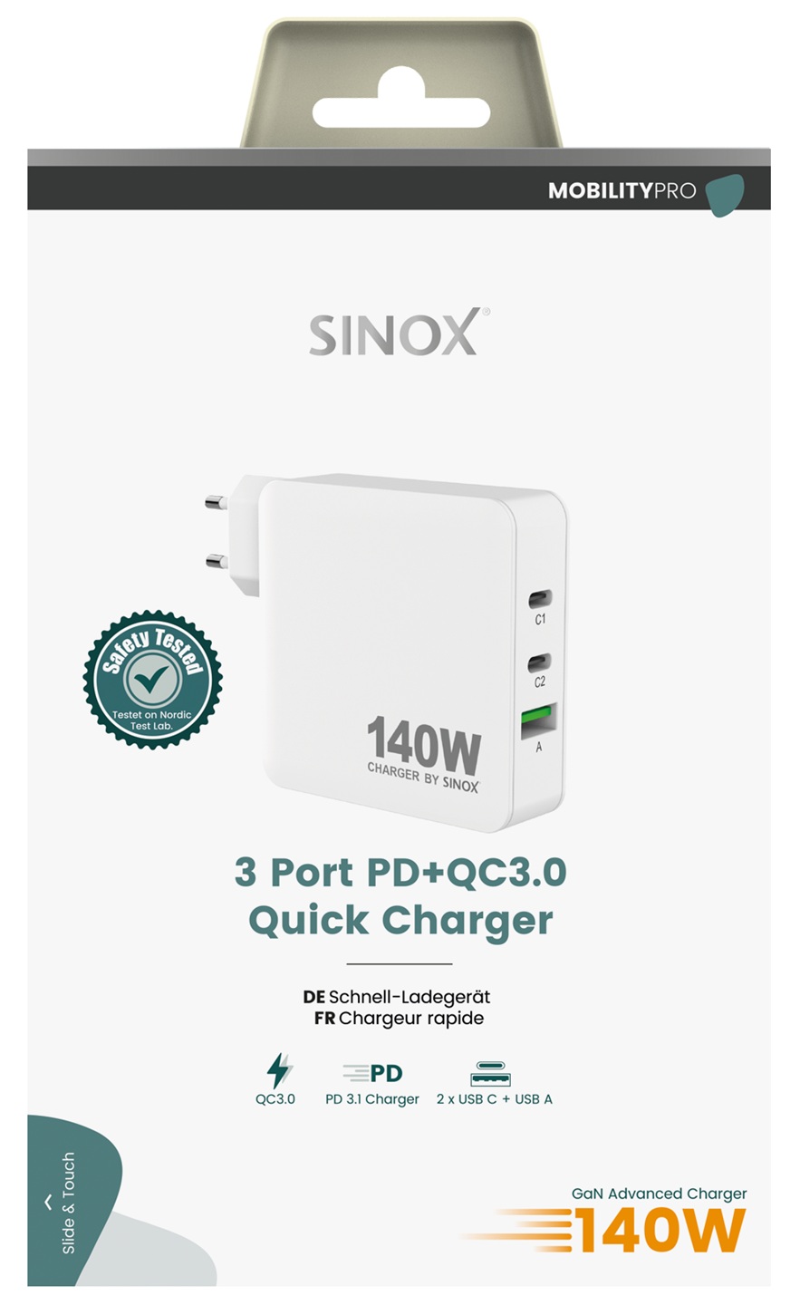 MOBILITY POWER - Lichtnetadapter 2xUSB-C 1xUSB-A PD140W, White